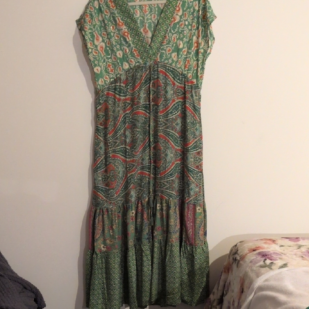 Bloom Green and Pink Ruffled Maxi Sundress